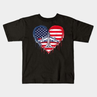 Fighter Jet Airplane American Flag Heart 4Th Of July Kids T-Shirt